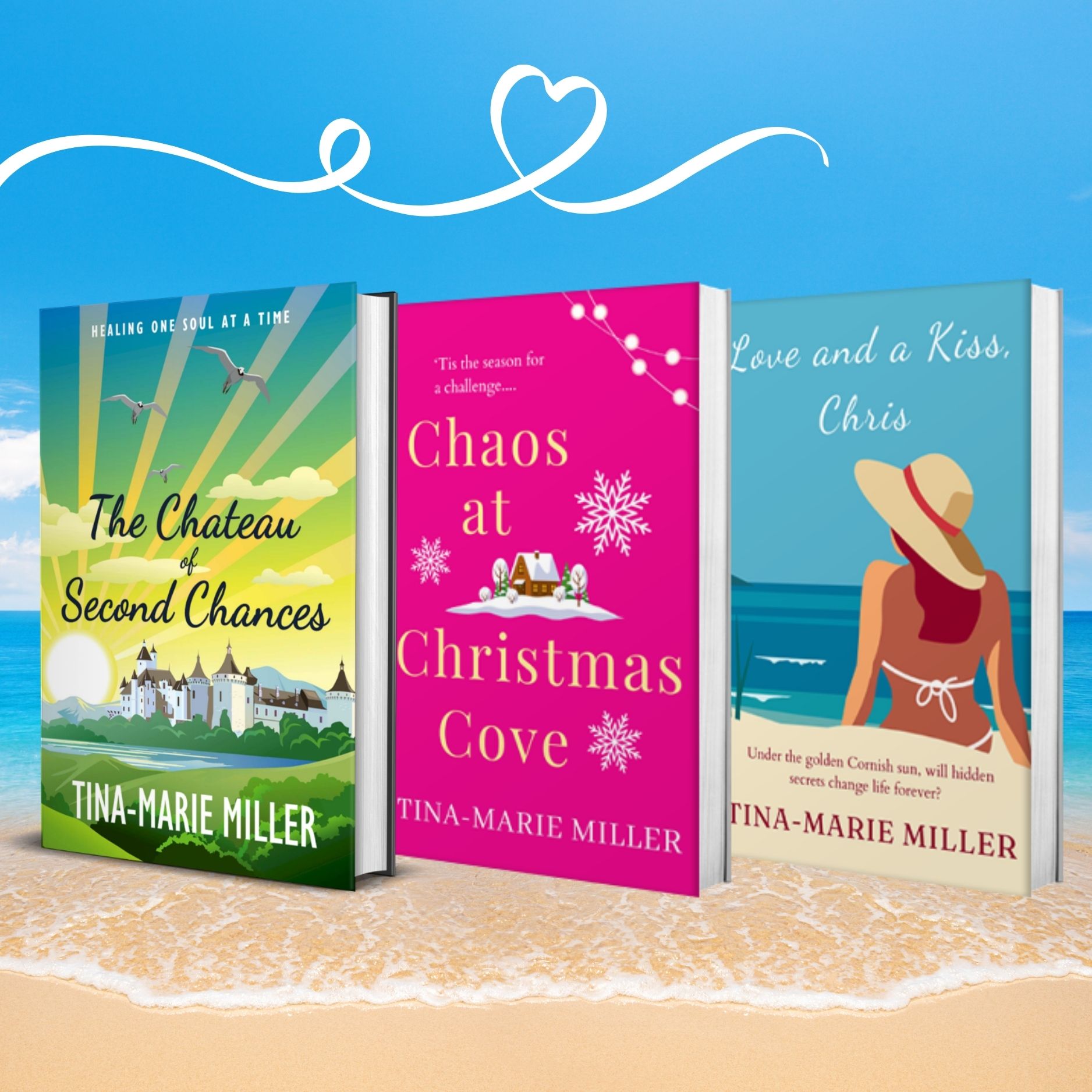 3 standalone novels by Tina-Marie Miller on a beach background